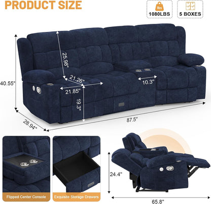 3 Seat Reclining Sofa with Storage Drawer USB Ports and Cup Holders Manual Couch