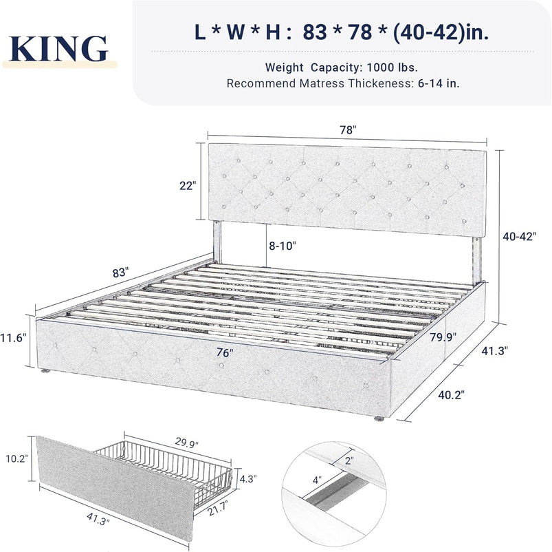 Allewie Upholstered Queen Size Platform Bed Frame with 4 Storage Drawers and Headboard, Square Stitched Button Tufted