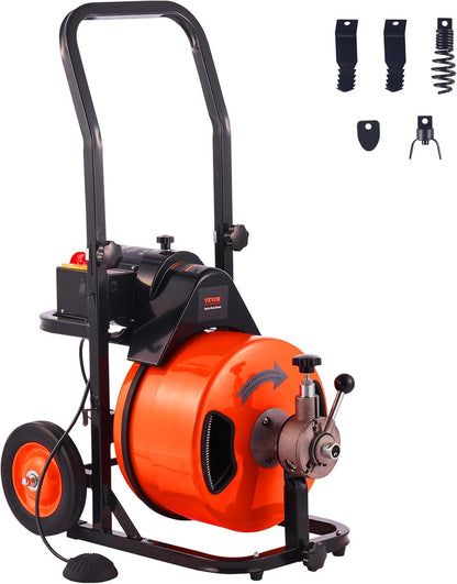 Drain Cleaner Machine 100FT x 1/2Inch, Auto Feed Sewer Snake Auger with 4 Cutter and Air-Activated Foot Switch for 1" to 4" Pipes, Orange, Black