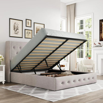 Allewie Queen Size Lift up Storage Bed, Modern Wingback Headboard, Hydraulic Support, Light Beige