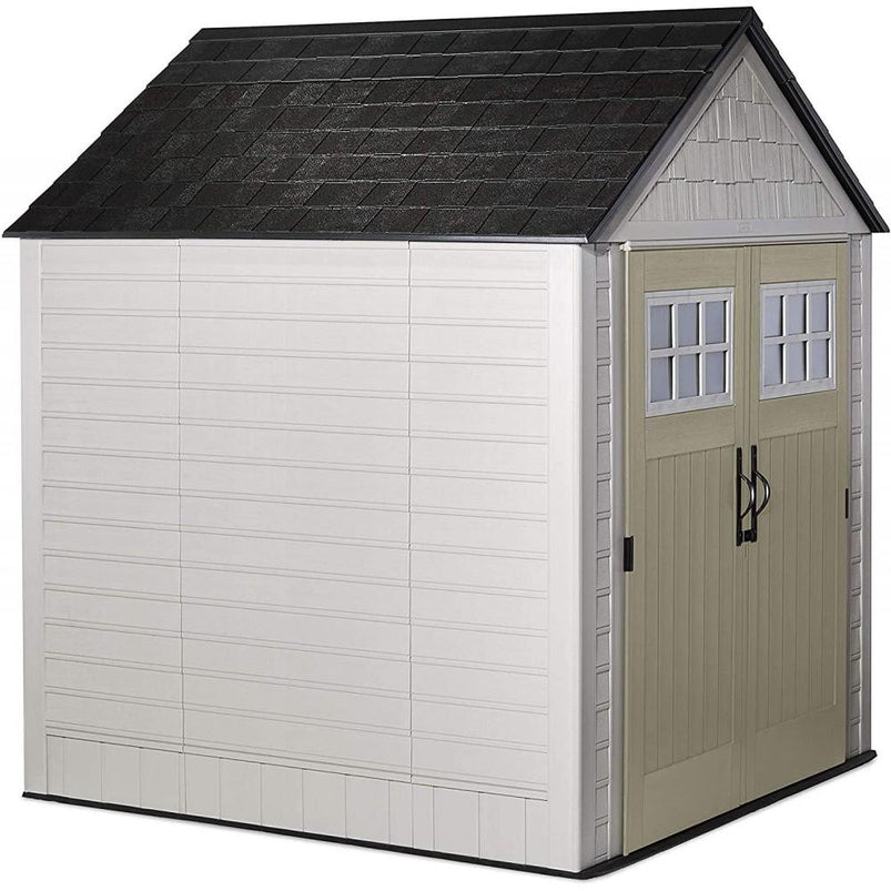 7x7 Ft Durable Weather Resistant Resin Outdoor Garden Storage Shed with Windows and Utility Hooks, Sand