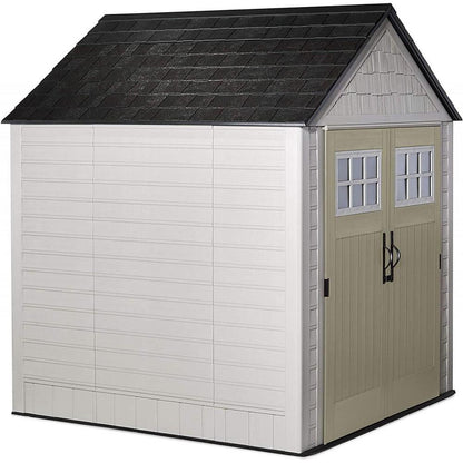 7x7 Ft Durable Weather Resistant Resin Outdoor Garden Storage Shed with Windows and Utility Hooks, Sand
