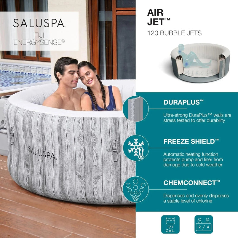 Bestway Saluspa Fiji Airjet Large Round 2 to 4 Person Inflatable Hot Tub Portable Outdoor Spa with 120 Airjets and Energysense Cover, Grey