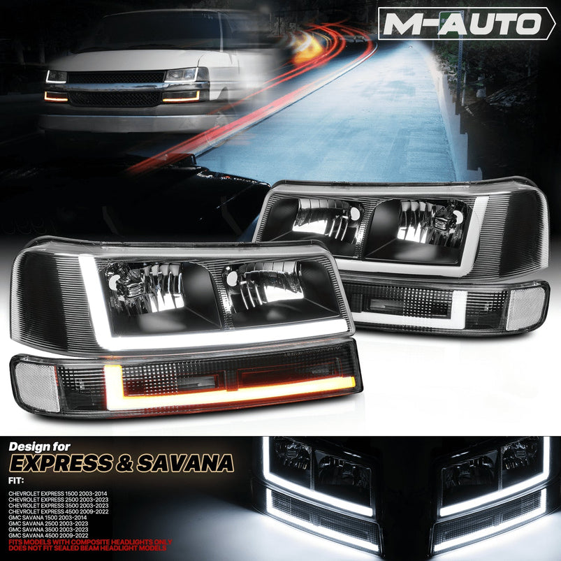 4-Pack LED Running Light Bars L Plus R Black Headlights Plus Bumper Signals for 2003-2014 Chevrolet Express 1500, 2003-2023 Chevrolet Express 2500