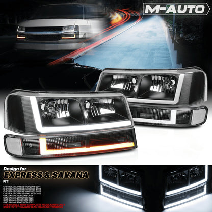 4-Pack LED Running Light Bars L Plus R Black Headlights Plus Bumper Signals for 2003-2014 Chevrolet Express 1500, 2003-2023 Chevrolet Express 2500