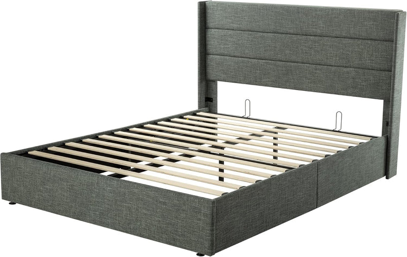 Allewie Queen Size Lift up Storage Bed, Modern Wingback Headboard, Hydraulic Support, Light Beige