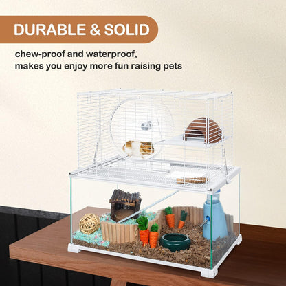 3 Tiers Large Hamster Cages, Glass Hamster Cage Habitat with Openable Wire Topper