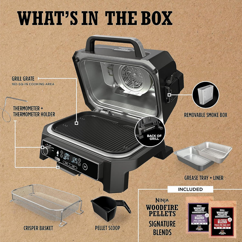 7-in-1 Grill and Smoker with Thermometer, Air Fryer, BBQ, Bake, Roast, Broil, Portable Electric Outdoor Grill, Grey