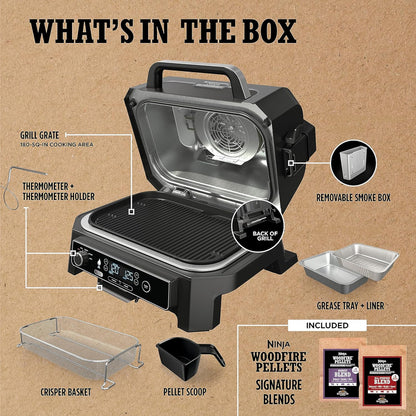 7-in-1 Grill and Smoker with Thermometer, Air Fryer, BBQ, Bake, Roast, Broil, Portable Electric Outdoor Grill, Grey