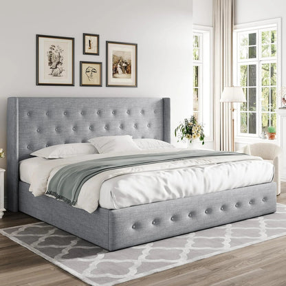 Allewie Queen Size Lift up Storage Bed, Modern Wingback Headboard, Hydraulic Support, Light Beige