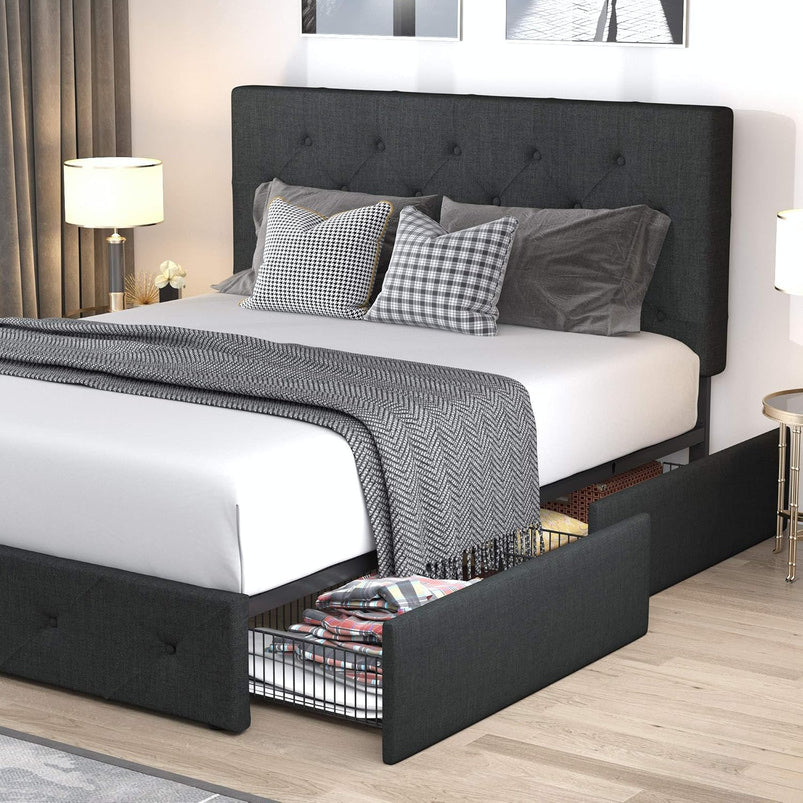 Allewie Upholstered Queen Size Platform Bed Frame with 4 Storage Drawers and Headboard, Square Stitched Button Tufted