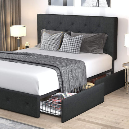 Allewie Upholstered Queen Size Platform Bed Frame with 4 Storage Drawers and Headboard, Square Stitched Button Tufted