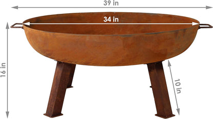 34-Inch Rustic Cast Iron Outdoor Raised Fire Pit Bowl with Handles, Oxidized Finish
