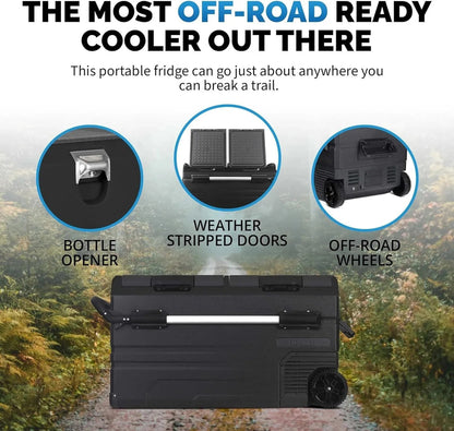 48 Qt. Portable 12V Electric Cooler with LG Compressor, Fridge and Freezer, Rugged Wheels, and Solar Power Input, Perfect Plug-in Cooler for Camping