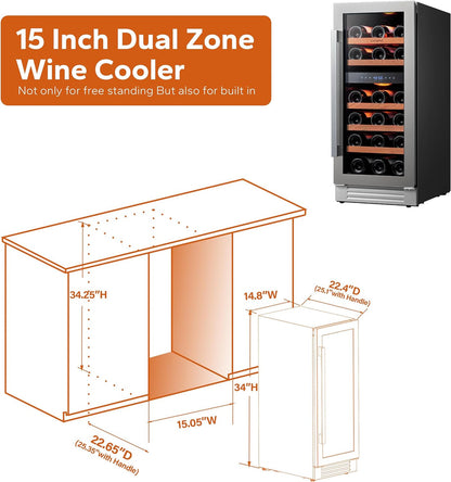 24 in Wine Cooler Refrigerator, 46 Bottle Wine Fridge Dual Zone with Modern Touch Intelligent Digital 40 Degree -65 Degree F Low Noise