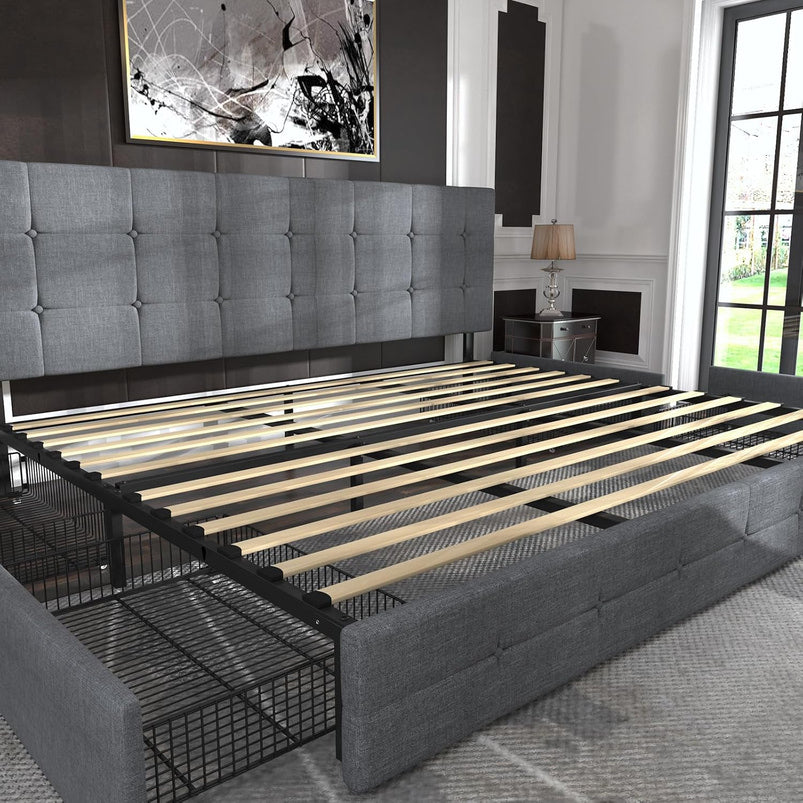 Allewie Upholstered Queen Size Platform Bed Frame with 4 Storage Drawers and Headboard, Square Stitched Button Tufted