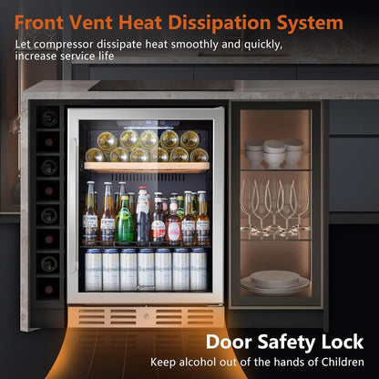 24 Inch Wine Cooler, 46 Bottle, Dual Zone Built-in or Freestanding Fridge with Stainless Steel Reversible Glass Door, for Home, Kitchen, or Office
