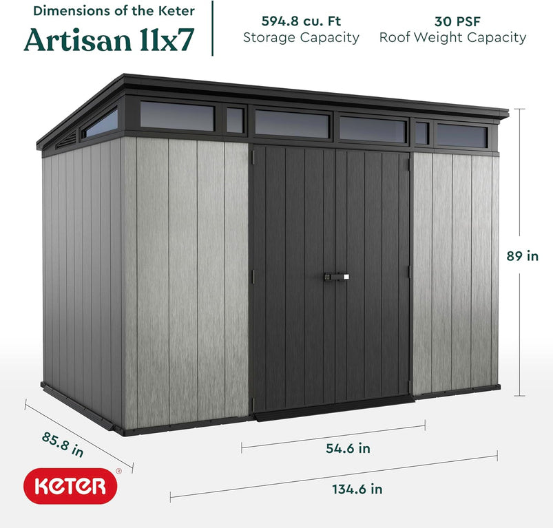 Keter Artisan 11x7 Modern Resin Outdoor Storage Shed Kit-Perfect to Store Patio Furniture, Garden Tools Bike Accessories, Beach Chairs and Lawn Mower