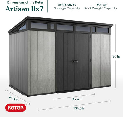 Keter Artisan 11x7 Modern Resin Outdoor Storage Shed Kit-Perfect to Store Patio Furniture, Garden Tools Bike Accessories, Beach Chairs and Lawn Mower