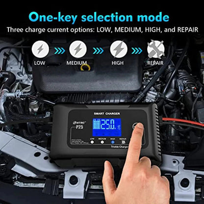 25-Amp Smart Battery Charger, Lithium, LiFePO4, Lead-Acid AGM/Gel/SLA Car Battery Trickle Charger, Maintainer/Deep Cycle Charger, 12V/25A and 24V/13A