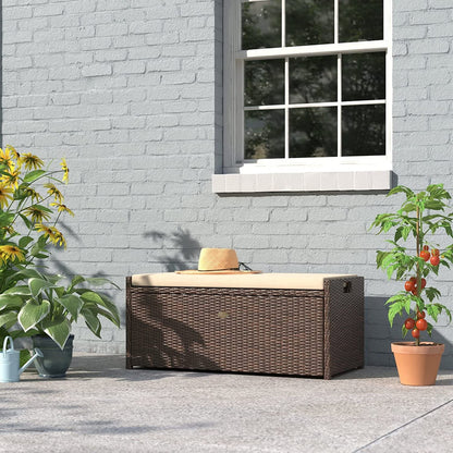Barton Outdoor Storage Bench Rattan Style Deck Box Wicker Patio Furniture Water Resistance W/Seat Cushion, 60-Gallon, Brown