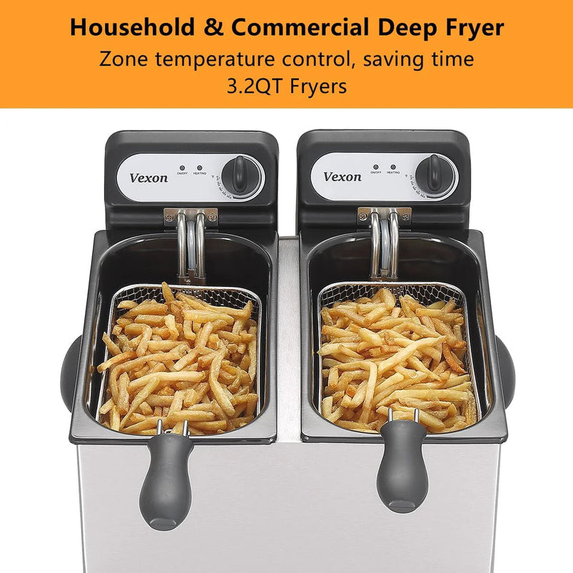 3000W Commercial Electric Deep Fryer with Baskets and Lids, 2x3L Stainless Steel Double Deep Fryer, Small Deep Fryer with Basket, Temperature Control