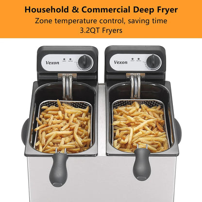 3000W Commercial Electric Deep Fryer with Baskets and Lids, 2x3L Stainless Steel Double Deep Fryer, Small Deep Fryer with Basket, Temperature Control