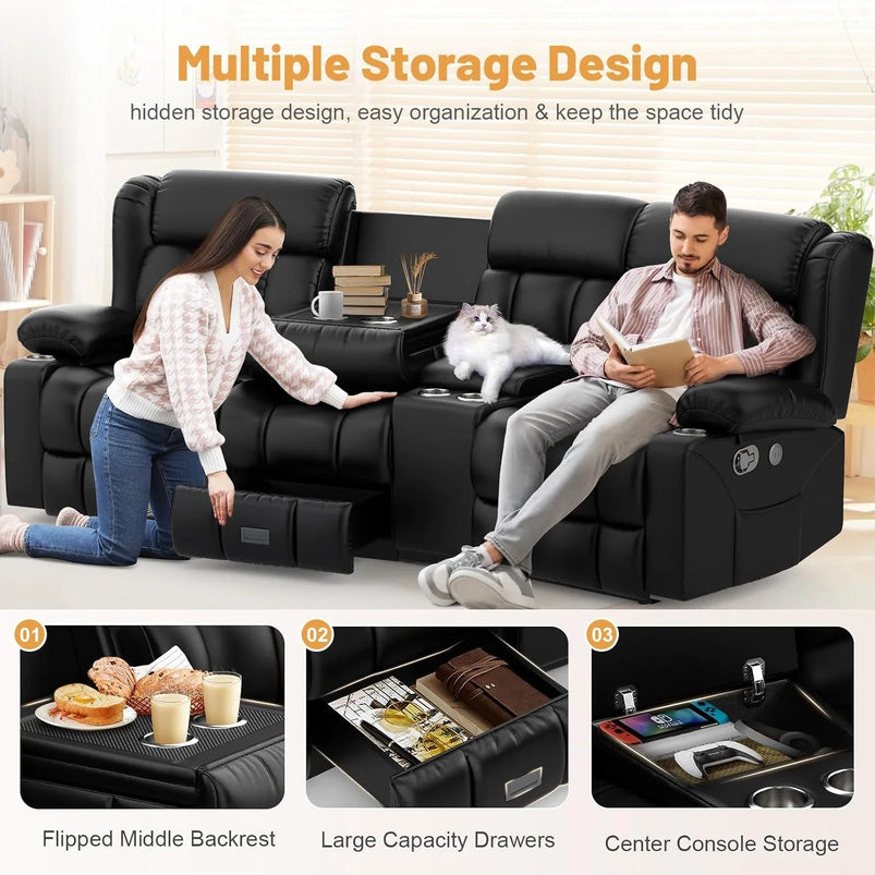 3 Seat Reclining Sofa with Storage Drawer USB Ports and Cup Holders Manual Couch