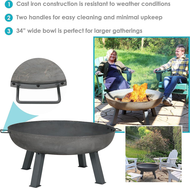 34-Inch Rustic Cast Iron Outdoor Raised Fire Pit Bowl with Handles, Oxidized Finish