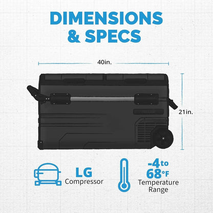 48 Qt. Portable 12V Electric Cooler with LG Compressor, Fridge and Freezer, Rugged Wheels, and Solar Power Input, Perfect Plug-in Cooler for Camping