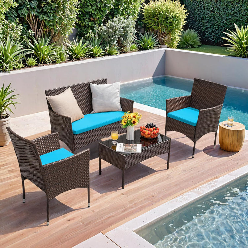 4 Pieces Patio Rattan Chair Wicker, Outdoor Indoor Use Backyard Porch Garden Poolside Balcony Furniture Sets Red