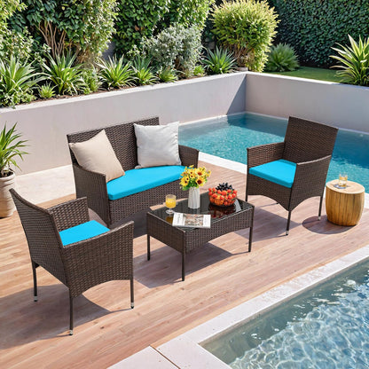 4 Pieces Patio Rattan Chair Wicker, Outdoor Indoor Use Backyard Porch Garden Poolside Balcony Furniture Sets Red