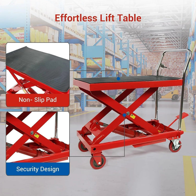 500LBS Hydraulic Lift Table Cart, 30" Lifting Height., Double Scissor Lift Table with 4 Wheels and Non-Slip Pad