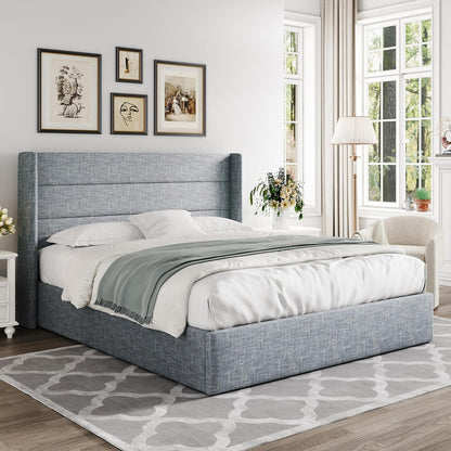 Allewie Queen Size Lift up Storage Bed, Modern Wingback Headboard, Hydraulic Support, Light Beige