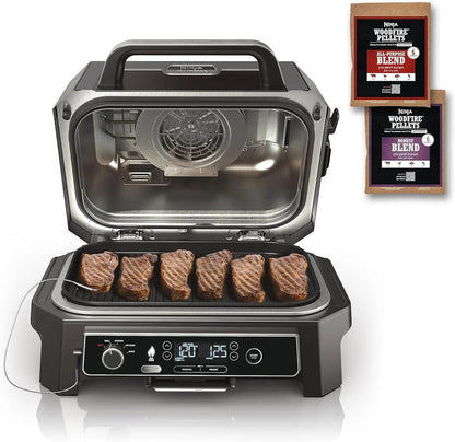 7-in-1 Grill and Smoker with Thermometer, Air Fryer, BBQ, Bake, Roast, Broil, Portable Electric Outdoor Grill, Grey