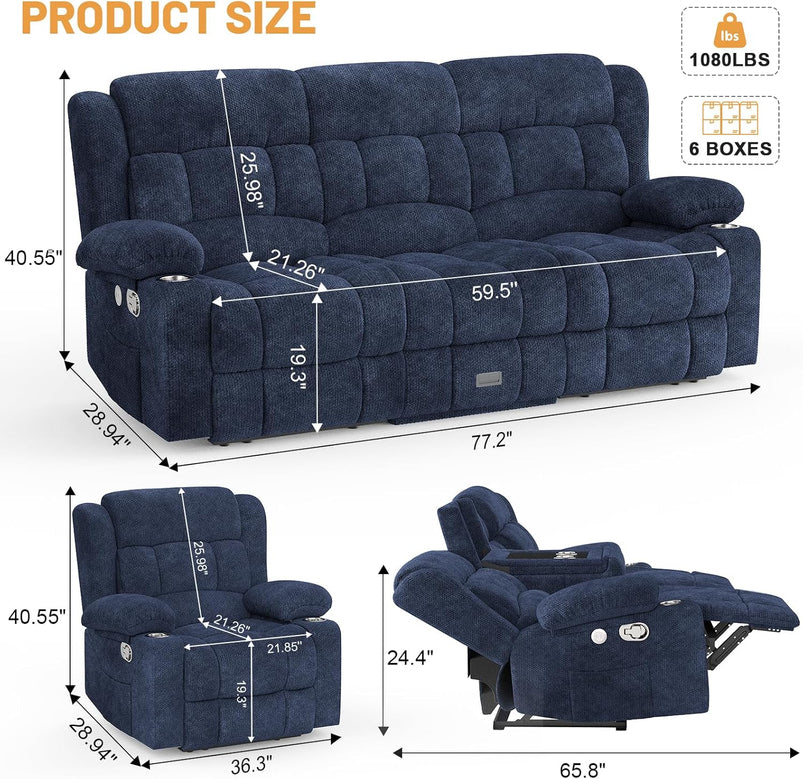 3 Seat Reclining Sofa with Storage Drawer USB Ports and Cup Holders Manual Couch