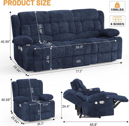 3 Seat Reclining Sofa with Storage Drawer USB Ports and Cup Holders Manual Couch