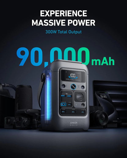 Anker Power Bank Station Solix C300 DC 90, 000mAh, 288Wh, Portable Power Station, 300W Solar Generator, LiFePO4 Battery, Generators