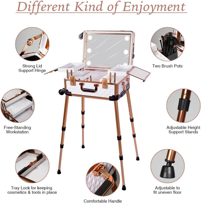 Medium Makeup Train Case with Code Lock, Lighted Mirror, Speaker Travel Cosmetic Organizer Box, Professional Artist Trolley Studio Free Standing Case
