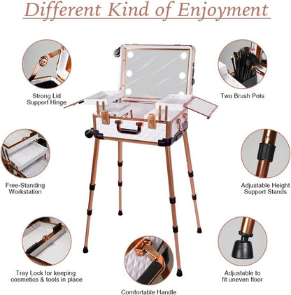 Medium Makeup Train Case with Code Lock, Lighted Mirror, Speaker Travel Cosmetic Organizer Box, Professional Artist Trolley Studio Free Standing Case