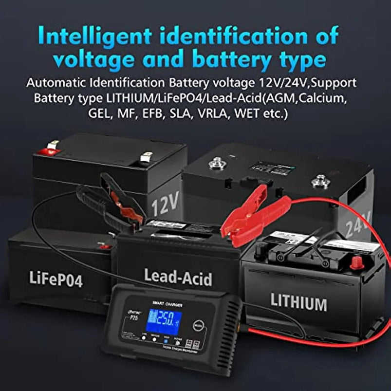 25-Amp Smart Battery Charger, Lithium, LiFePO4, Lead-Acid AGM/Gel/SLA Car Battery Trickle Charger, Maintainer/Deep Cycle Charger, 12V/25A and 24V/13A