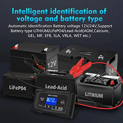 25-Amp Smart Battery Charger, Lithium, LiFePO4, Lead-Acid AGM/Gel/SLA Car Battery Trickle Charger, Maintainer/Deep Cycle Charger, 12V/25A and 24V/13A