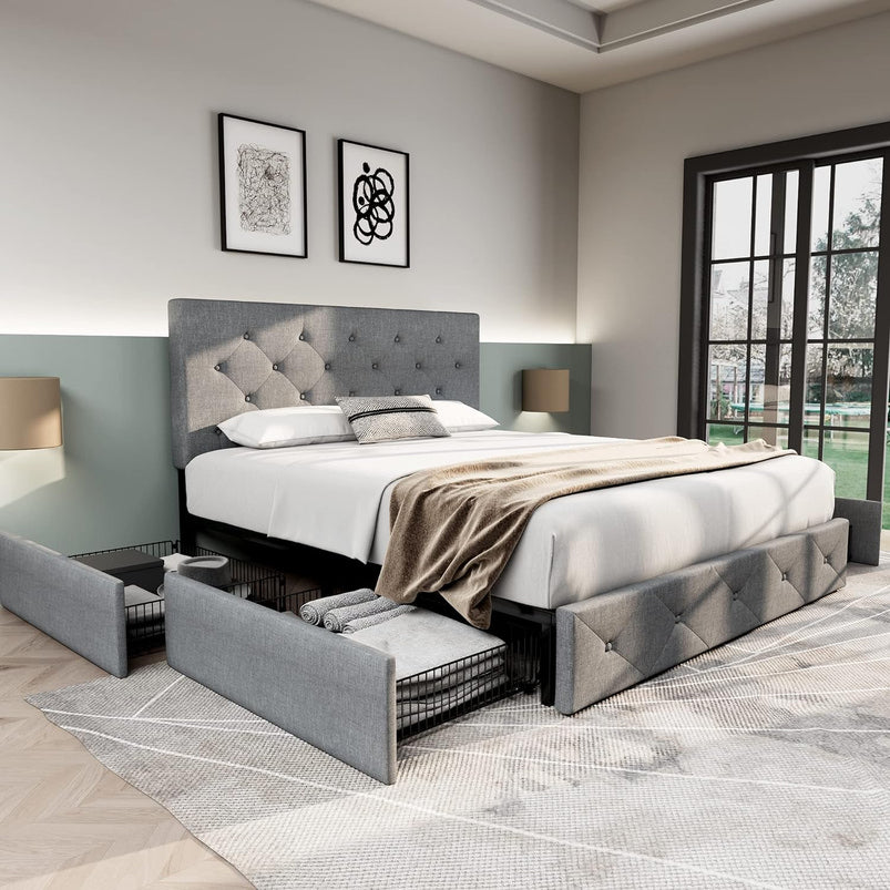 Allewie Upholstered Queen Size Platform Bed Frame with 4 Storage Drawers and Headboard, Square Stitched Button Tufted