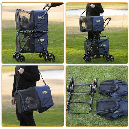 42 Double Pet Stroller for 2 Dogs and Cats, 4 Wheels Dog Strollers Folding Travel Cat Stroller with Suspension System, Navy Blue