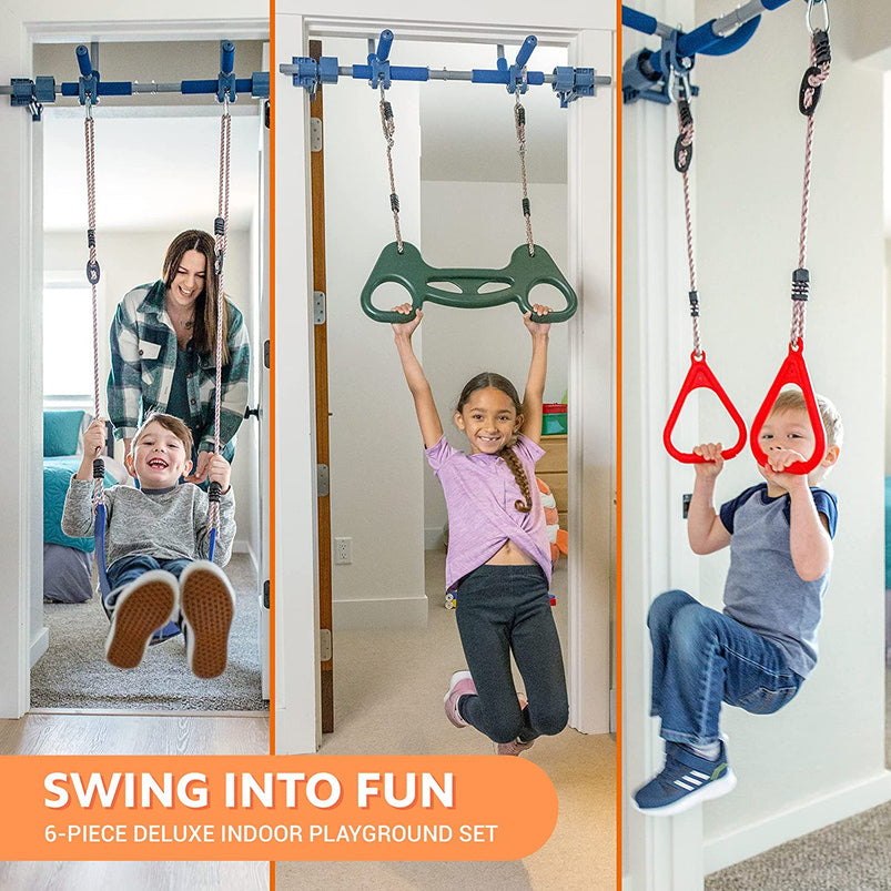 6 Piece Indoor Doorway Gym Set for Kids, Indoor Swing for Kids Includes Kids Swing Chair, Rings, Hanging Trapeze, Ladder, Swinging Rope and Pullup Bar