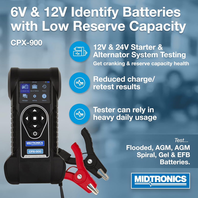 6V and 12V Automotive Battery and Electrical System Analyzer Using Conductance Profiling-Cpx-900-Identify Batteries with Low Reserve Capacity