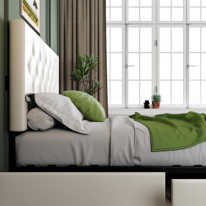 Allewie Upholstered Queen Size Platform Bed Frame with 4 Storage Drawers and Headboard, Square Stitched Button Tufted
