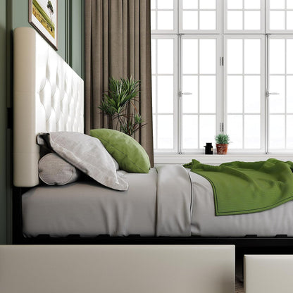 Allewie Upholstered Queen Size Platform Bed Frame with 4 Storage Drawers and Headboard, Square Stitched Button Tufted