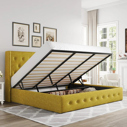 Allewie Queen Size Lift up Storage Bed, Modern Wingback Headboard, Hydraulic Support, Light Beige