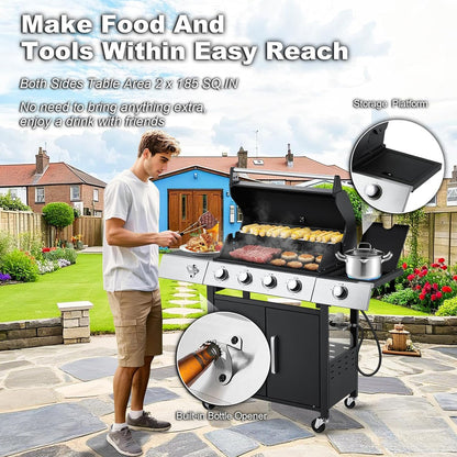 Upgraded 4 Burner BBQ Propane Gas Grill with Cast Iron Grates and Side Stove, 44, 000 BTU Stainless Steel Burner Barbecue Grill for Patio, Camping